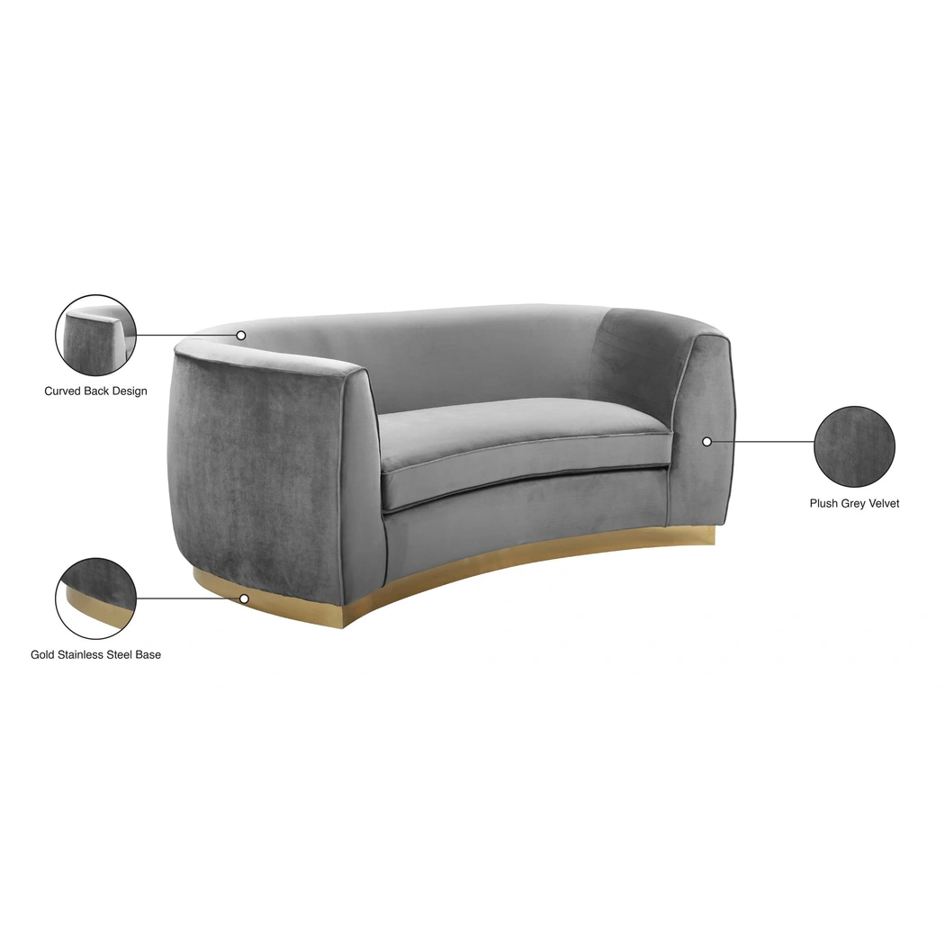 Julian Velvet Loveseat with Gold Stainless Steel Base, Grey by Meridian