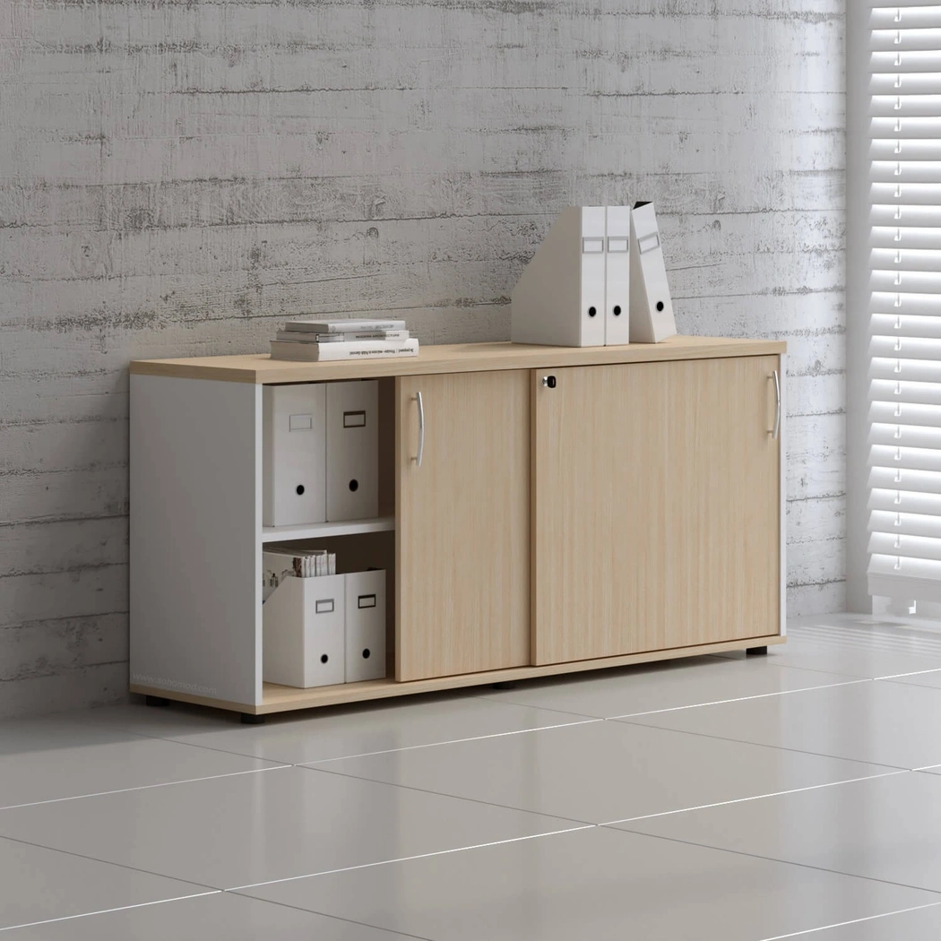 Standard A2P16 Low Office Storage Unit w/2 Sliding Doors, White/Beech