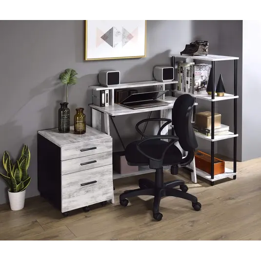 Nypho Wood Veneer/Metal Writing Desk, Antique White/Black by ACME