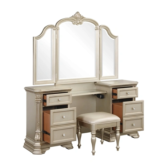 Leatherette/Wood/Wood Veneer Panel Bedroom Set, Champagne by