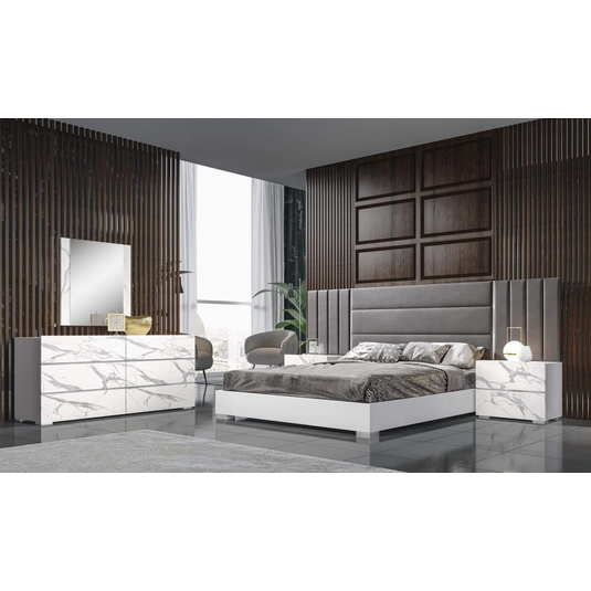 Nina Premium Wood Veneer Bed with Tufted Velvet Headboard, White High